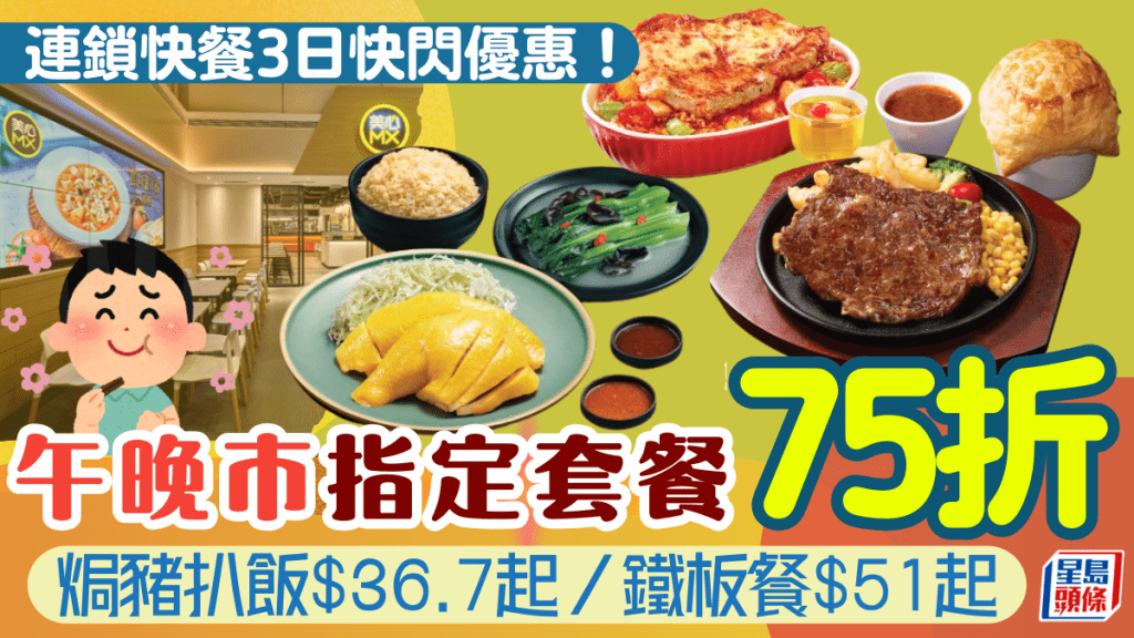 連鎖快餐店快閃75折優惠！一連3日午晚市指定套餐 焗豬扒飯$36.7起+鐵板餐$51起