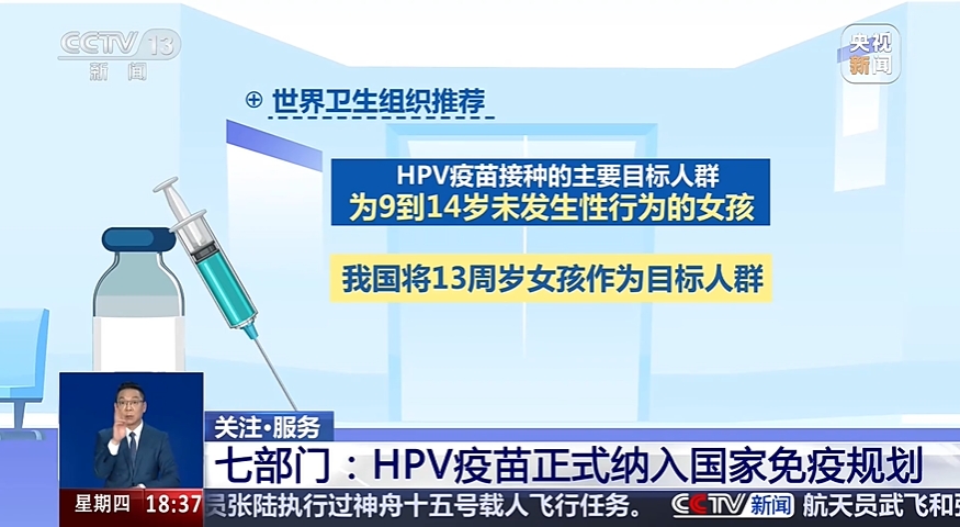 11月10日起,內地年滿13歲女童可免費接種HPV疫苗。 央視 11月10日起,內地年滿13歲女童可免費接種HPV疫苗。 央視