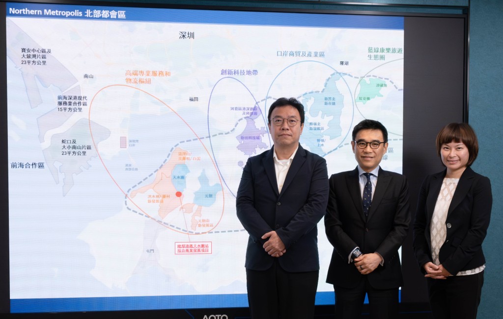 新地睇好未來天水圍區的商業發展,由左至右為新鴻基地產工程管理部策劃總監沈學雄、新鴻基地產代理總經理(寫字樓租務) 盧經緯及新鴻基地產代理租務副總經理孫雅茵。