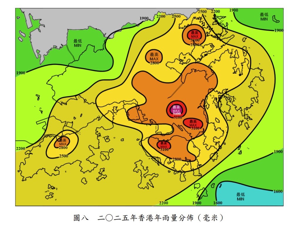 二○二五年香港年雨量分佈（毫米）。政府新聞處
