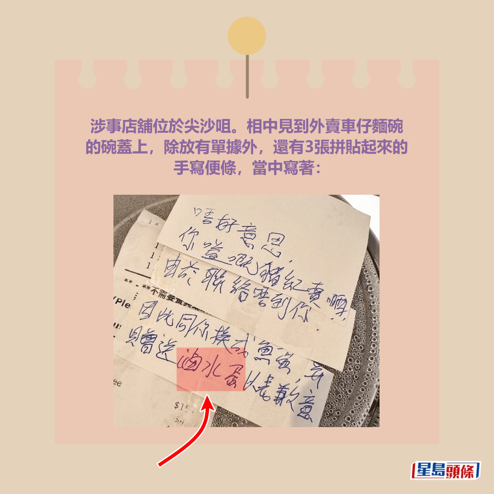 涉事店舖位於尖沙咀。相中見到外賣車仔麵碗 的碗蓋上，除放有單據外，還有3張拼貼起來的 手寫便條，當中寫著：「唔好意思，你嗌嘅豬紅 賣晒，由於聯絡唔到你，因此同你換成魚蛋， 並贈送鹵水蛋以表歉意」。Threads截圖