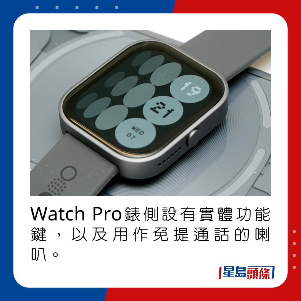 Watch Pro表侧设有实体功能键，以及用作免提通话的喇叭。