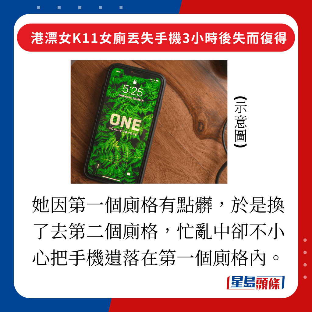 她因第一個廁格有點髒，於是換了去第二個廁格，忙亂中卻不小心把手機遺落在第一個廁格內。