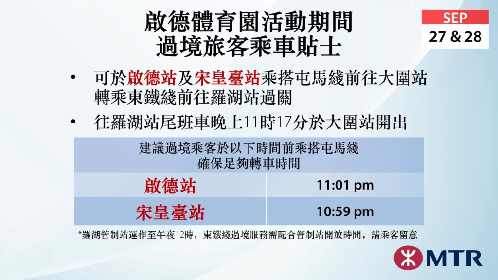 經港鐵大圍站接駁東鐵綫往羅湖站的最後一班列車，將分別於晚上10時59分由宋皇臺站，以及晚上11時01分由啟德站開出。