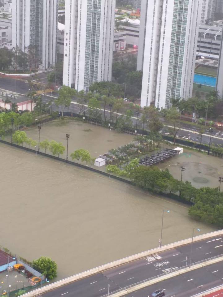 城門河旁的行人道、單車徑及馬路,甚至隧道已被河水淹沒。