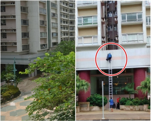 工人徒手爬梯到離地約10米的在簷篷清理天井。圖右取自羅煒然facebook