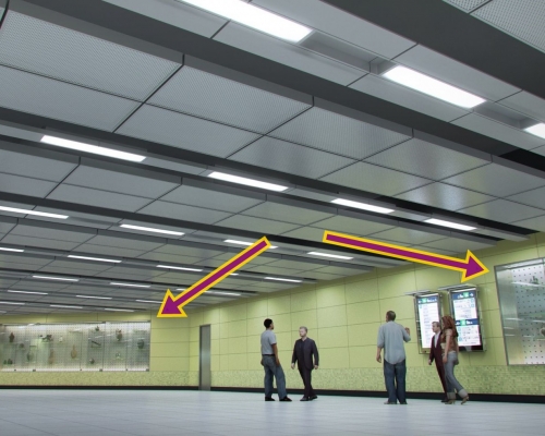 土瓜灣站大堂將設7米及15米展覽櫃(箭咀示),展出在工地範圍挖出的部分古物。模擬圖