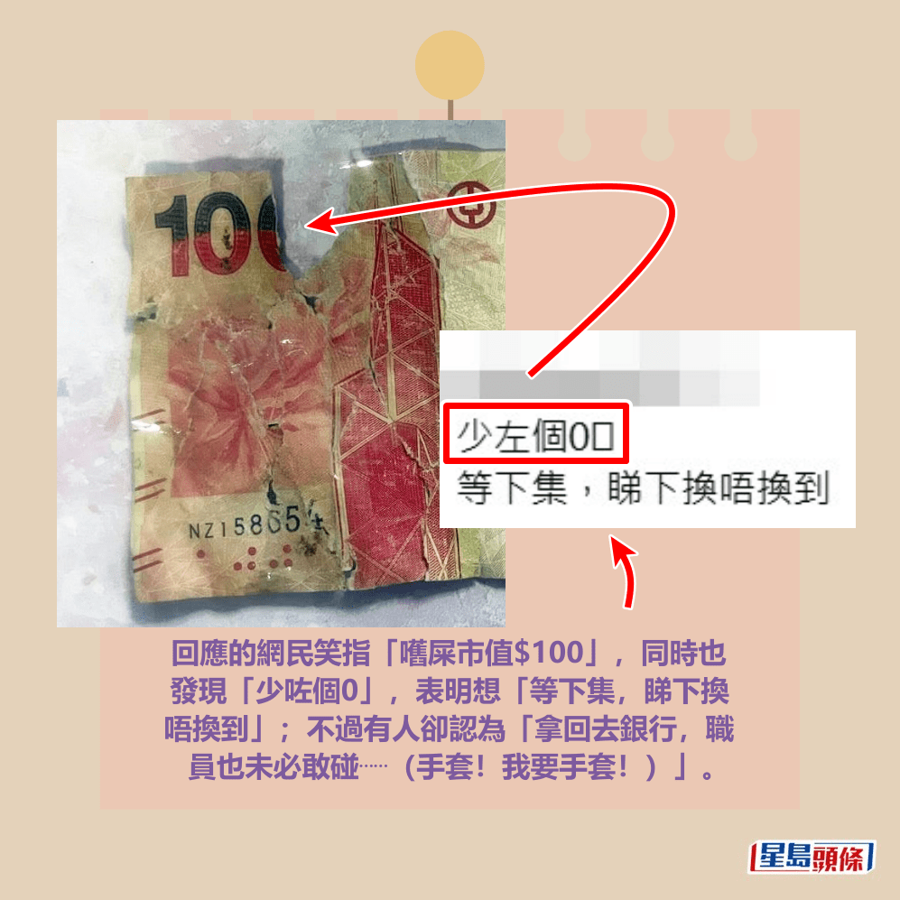 回應的網民笑指「嚿屎市值$100」，同時也 發現「少咗個0」，表明想「等下集，睇下換 唔換到」；不過有人卻認為「拿回去銀行，職 員也未必敢碰⋯⋯（手套！我要手套！）」。Threads截圖