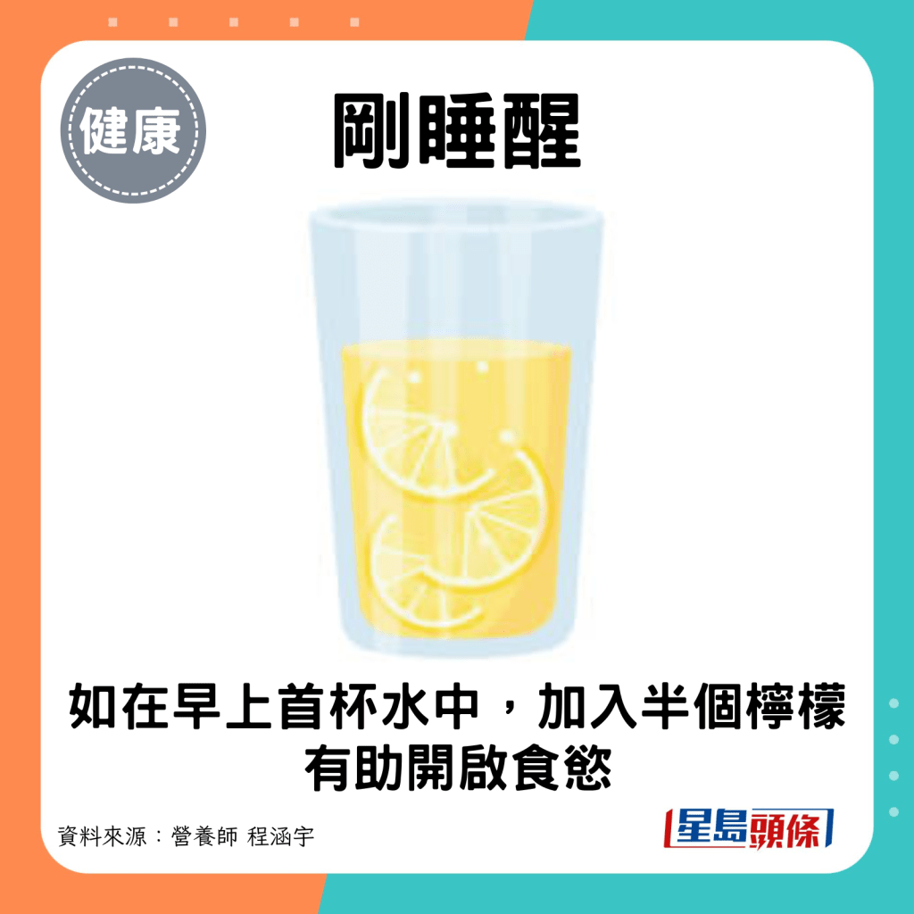 刚睡醒：如果早上第一杯水中加入半个柠檬，有助开启食欲。