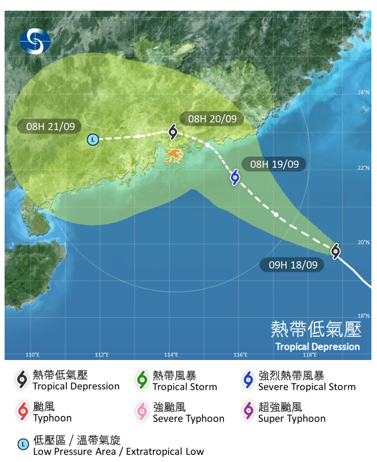 根據天文台預料，現時的熱帶低氣壓會在最接近本港時減弱。天文台網頁截圖