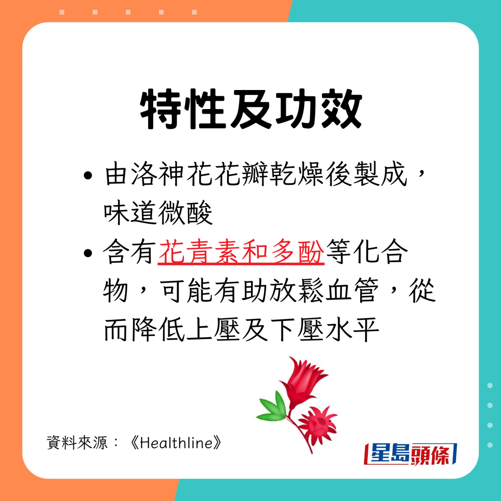 由洛神花花瓣乾燥後製成，含有花青素和多酚等化合物，可能有助放鬆血管