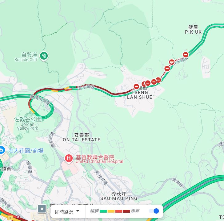 晚上7時半左右許，龍尾仍位於順利紀律部隊宿舍一帶。Google Map