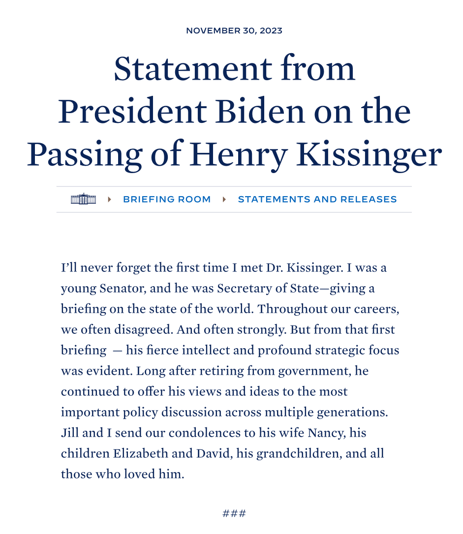 美國總織拜登發聲明哀悼前前國務卿基辛格。 