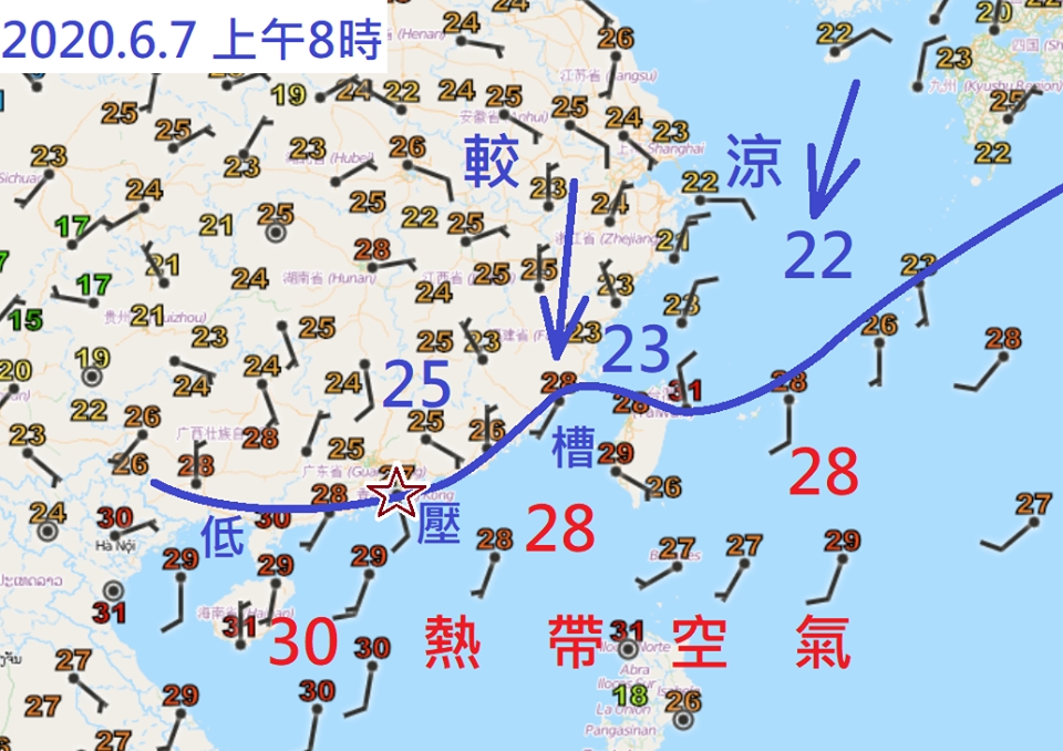 今天早上的地面氣溫圖顯示了兩股空氣相遇。林超英facebook圖片