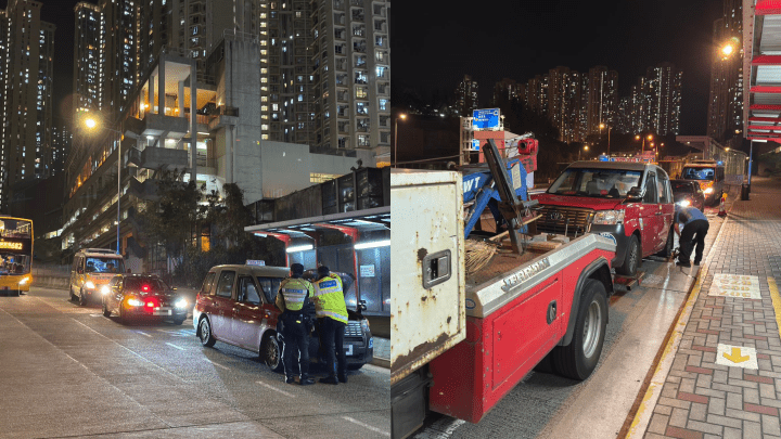 觀塘繞道的士車群中穿插 東隧口遭截停 54歲的哥涉危駕被捕。警方圖片