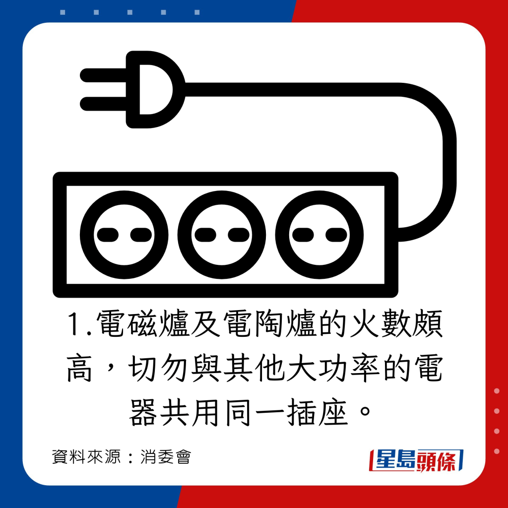 電磁爐及電陶爐的火數頗高，切勿與其他大功率的電器共用同一插座。