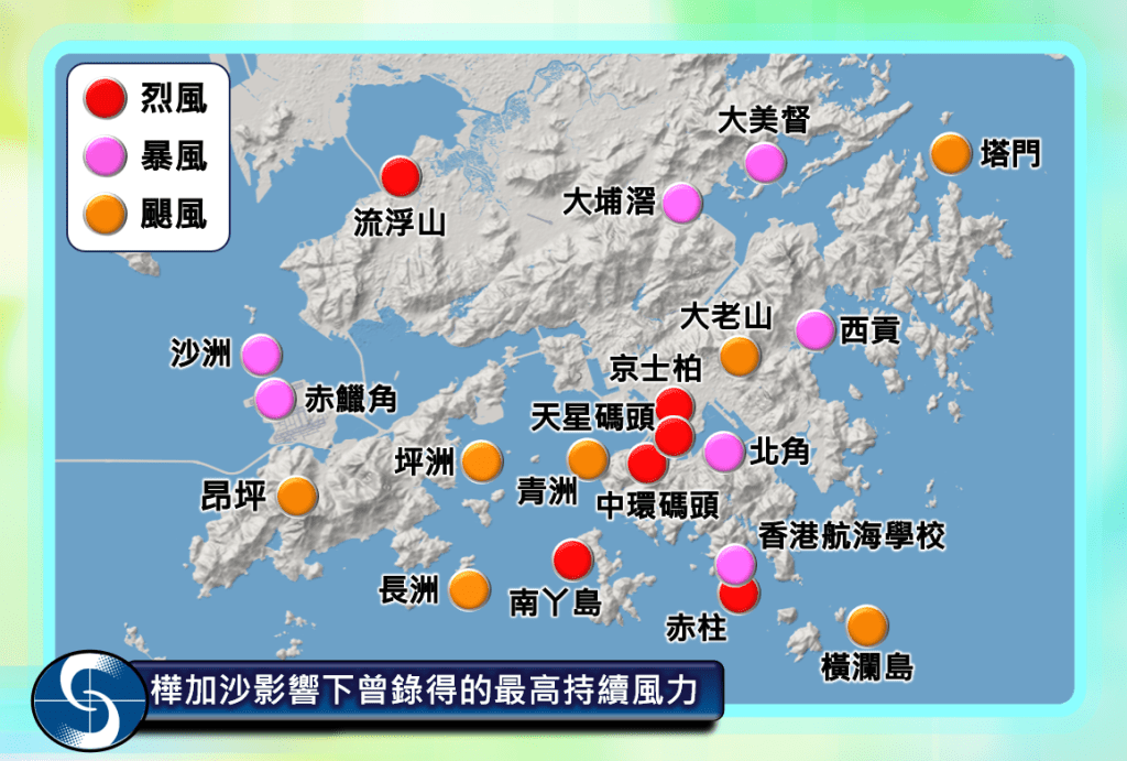 樺加沙吹襲香港期間，本港錄得颶風（每小時118公里或以上）、暴風（每小時88至117公里）及烈風（每小時63至87公里）風力分佈。天文台圖片