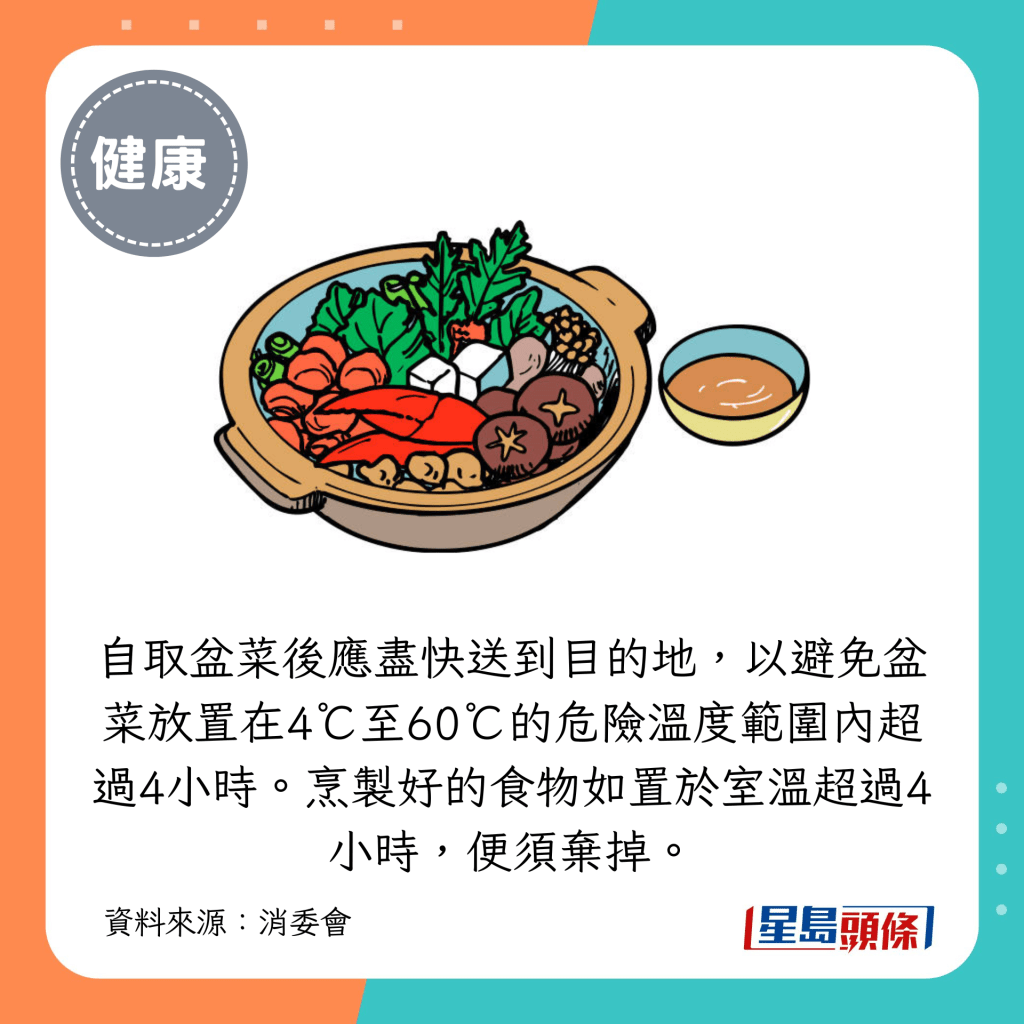 自取盆菜後應盡快送到目的地，以避免盆菜放置在4℃至60℃的危險溫度範圍內超過4小時。烹製好的食物如置於室溫超過4小時，便須棄掉。