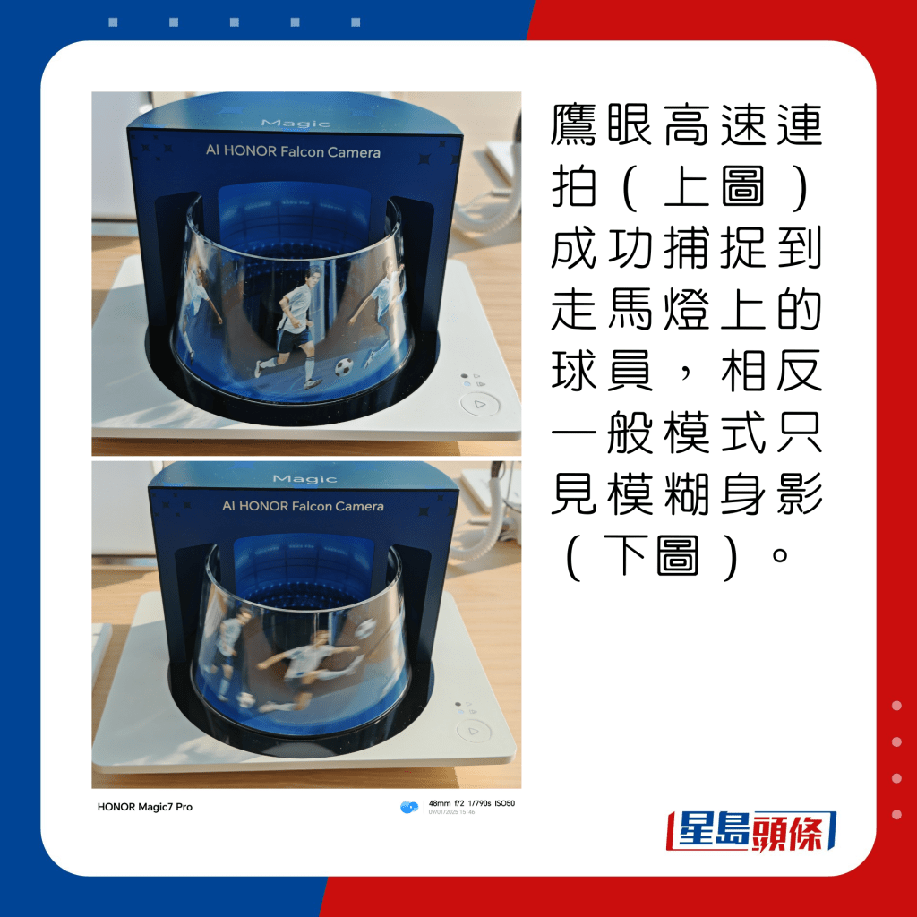 鷹眼高速連拍（上圖）成功捕捉到走馬燈上的球員，相反一般模式只見模糊身影（下圖）。