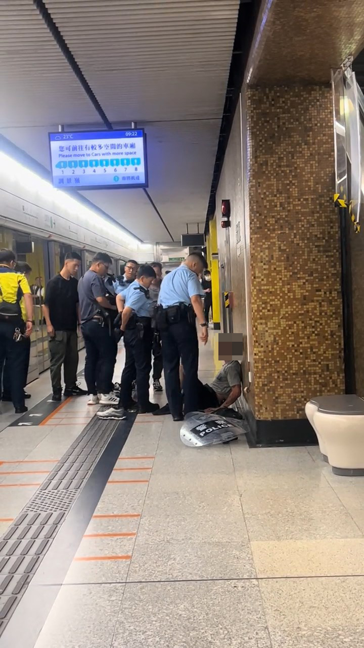 數名軍裝警及便衣警員將男子制服，按壓在地上。網上片段截圖