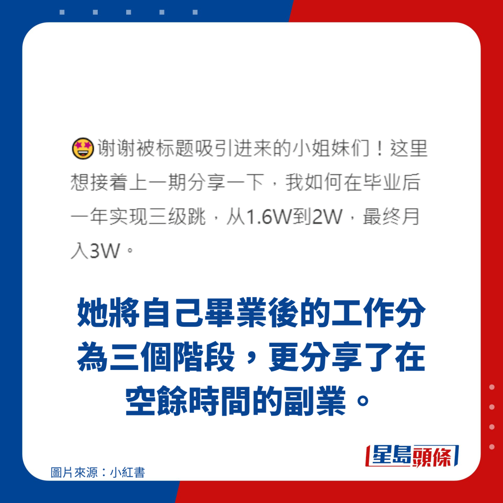 她將自己畢業後的工作分為三個階段，更分享了在空餘時間的副業。