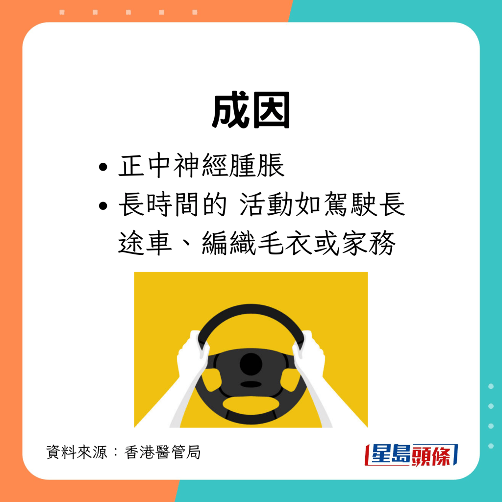 长时间重覆动作如开车，亦有可能导致滑鼠手