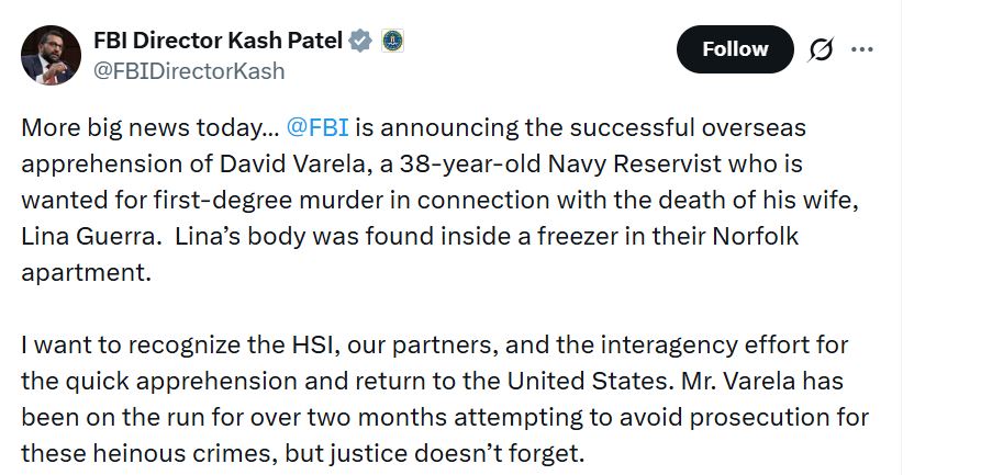 FBI局長帕特爾宣布，已成功在海外將Varela逮捕。