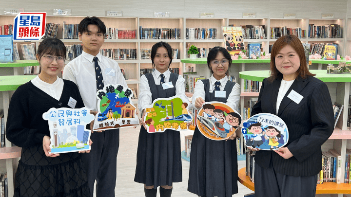 鄭凱英（左1）與周嘉莉（右1）指行程期間有「禁足」與「禁外賣」安排，學生鍾正昊(左2)與吳梓桐均表示理解。 蘇麗珊攝