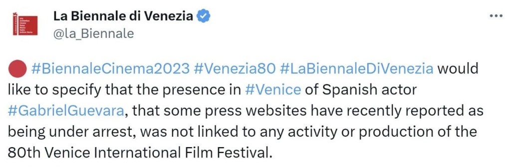 組委會證明與該片獲同一獎項的演員所獲獎項與電影節無關。威尼斯電影節官方賬戶