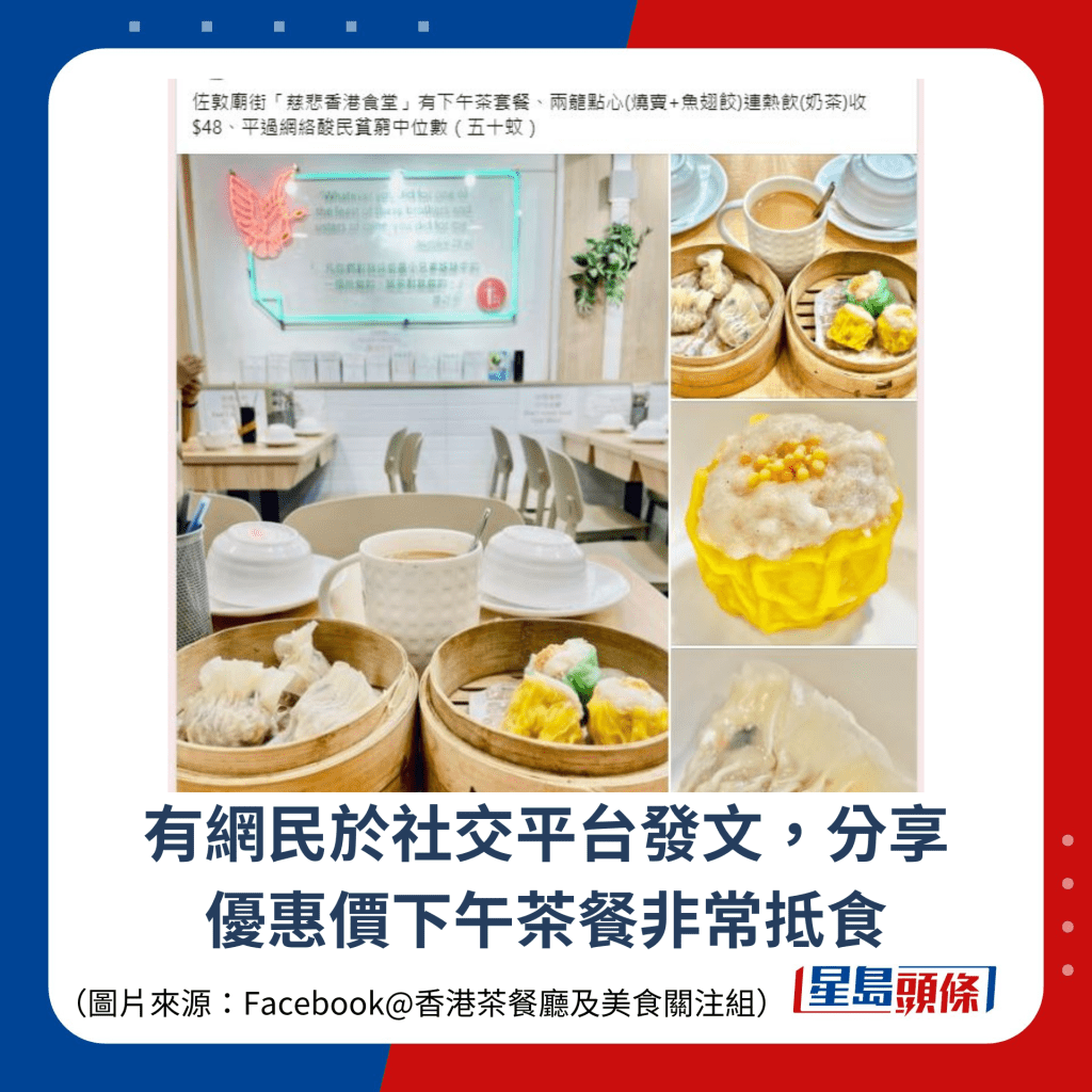 有網民於社交平台發文，分享 優惠價下午茶餐非常抵食