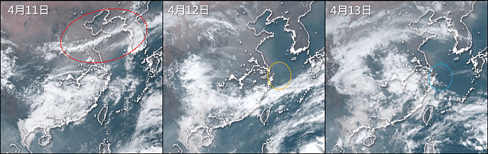 4月11日的真彩衛星雲圖（左圖）顯示華北、東北及朝鮮半島有沙塵天氣（紅圈區域），這些地區的沙塵天氣在4月12日（中圖）有所改善，但當日沙塵天氣沿東海稍為向南擴展至長江三角洲一帶（黃圈區域），至4月13日逐漸消散（藍圈區域）。