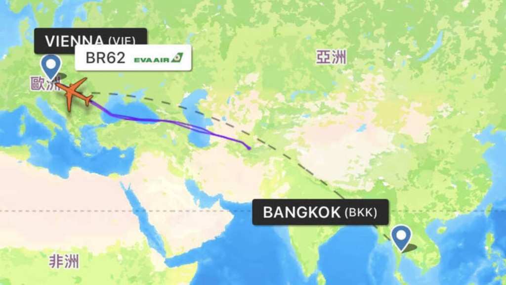 長榮航空BR62航班折返維也納。flightradar24