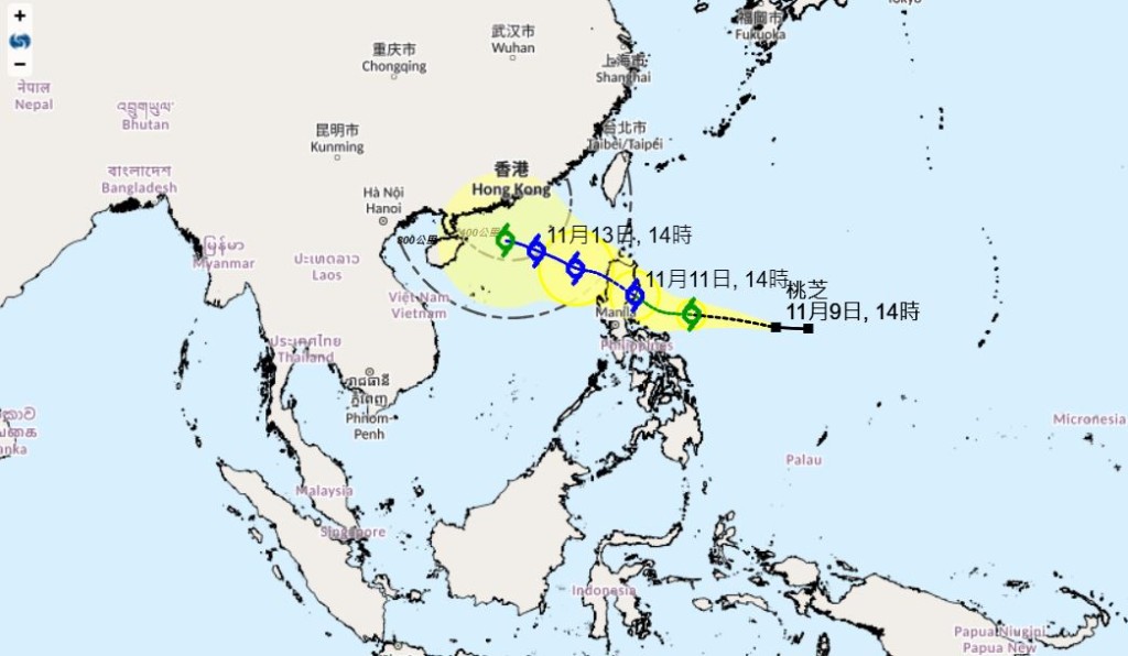 天文台預料桃芝將在下周三（13日），以強烈熱帶風暴的級別闖進香港400公里範圍內。天文台網頁