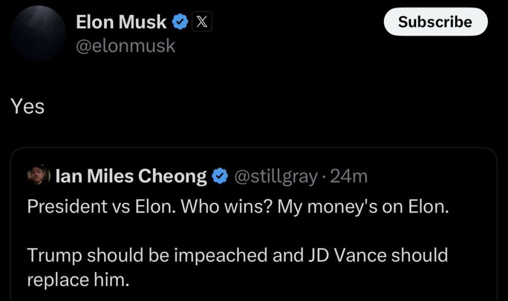 馬斯克轉發張千里貼文,表態支持彈劾特朗普。@elonmusk X 馬斯克轉發張千里貼文,表態支持彈劾特朗普。@elonmusk X