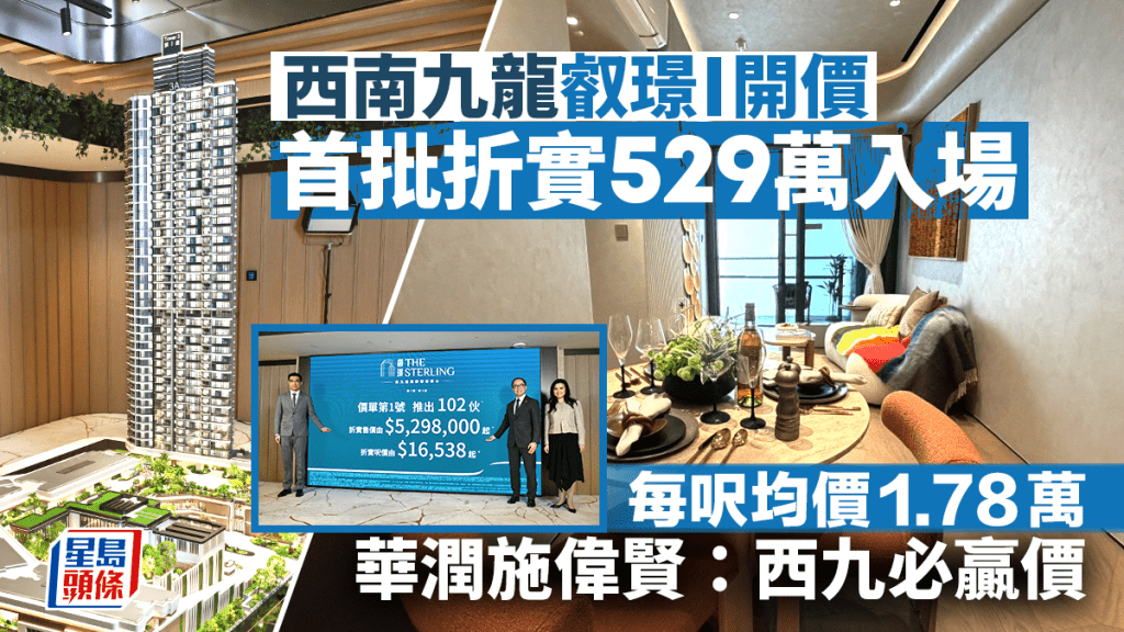 叡璟I開價首批102伙 一房入場不足530萬 每呎均價1.78萬 施偉賢形容屬「西九必贏價」