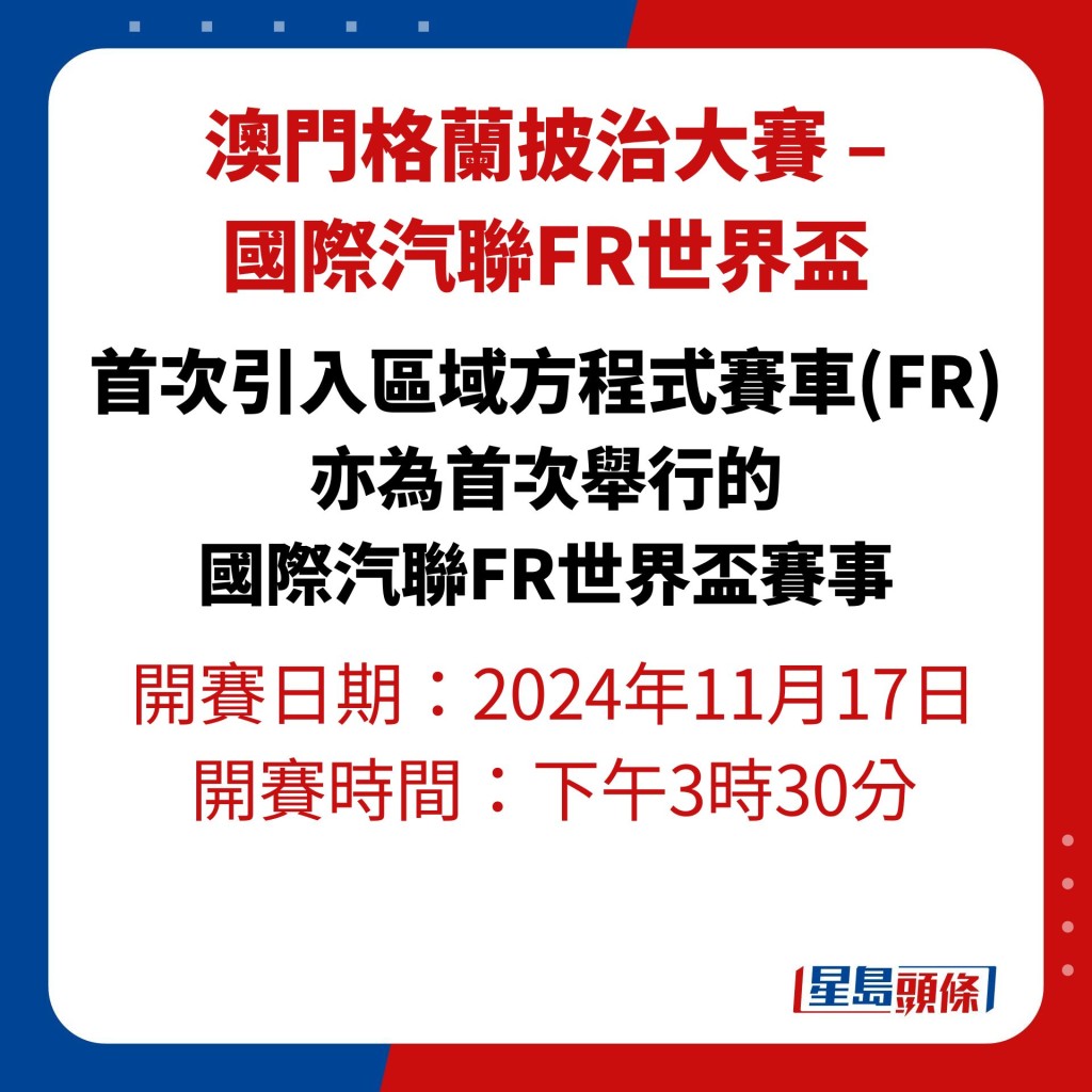 首次引入區域方程式賽車(FR) 亦為首次舉行的 國際汽聯FR世界盃賽事