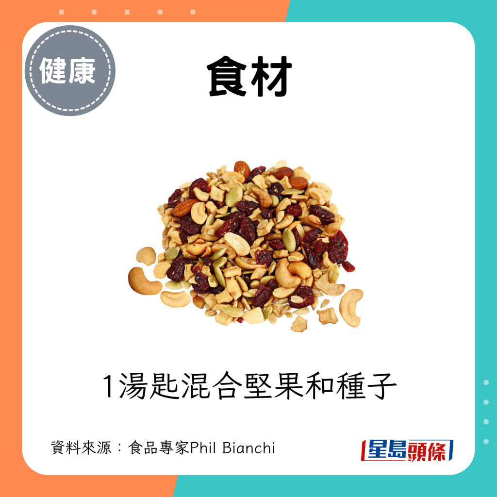 食材：1汤匙混合坚果和种子