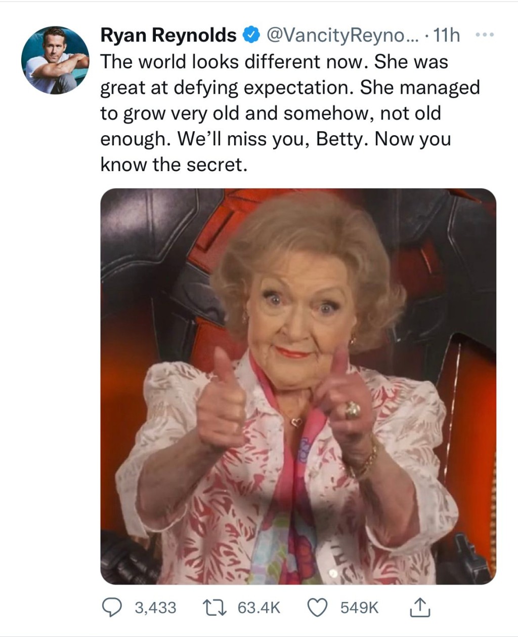 「死侍」賴恩留言悼念Betty。