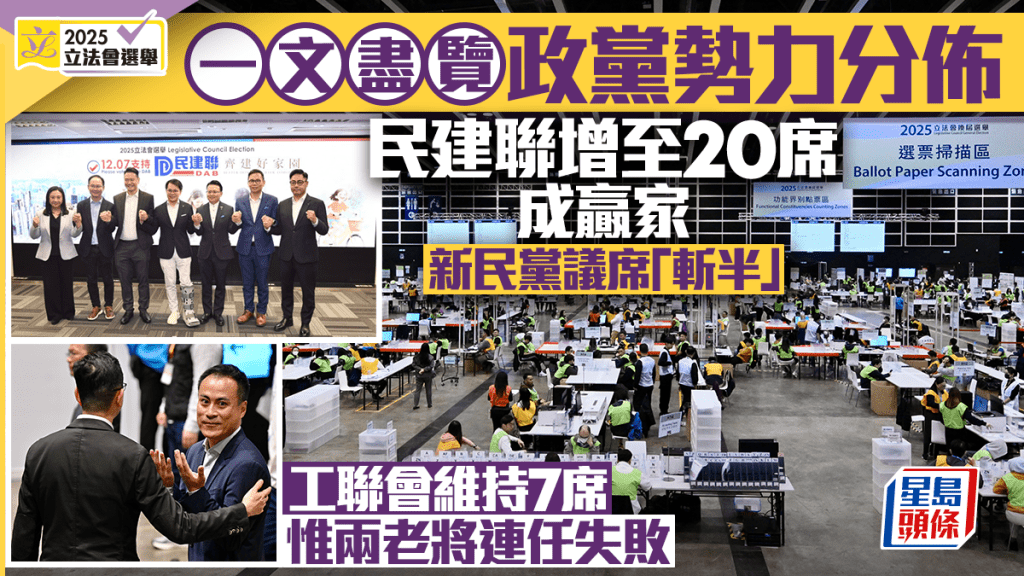 立法會選舉｜政黨勢力分佈一覽：民建聯增至20席 新民黨議席「斬半」成輸家 工聯會兩議員連任失敗