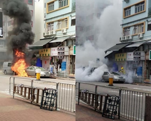 貨Van車頭起火,波及前方私家車,消防員救熄。 香港突發事故報料區FB/網民細欣圖