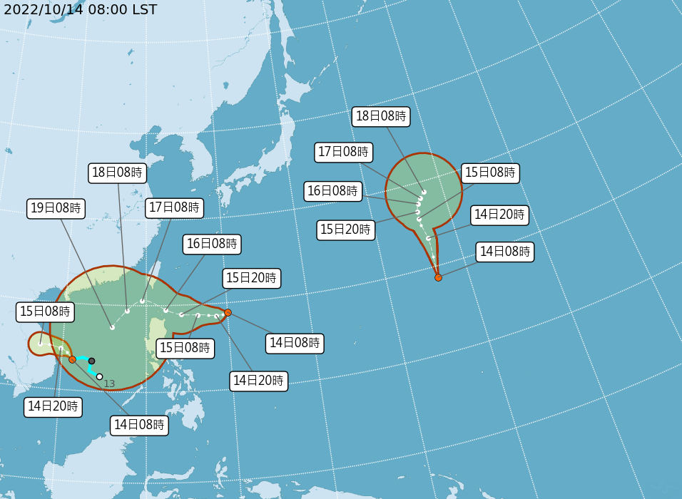台灣的中央氣象局說，目前太平洋地區有3個熱帶氣旋，分別在菲律賓東方海面、南沙島海面、關島東北方。台灣中央氣象局圖片