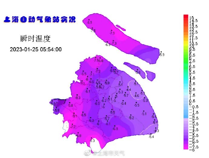 今早(25日)6點，全上海的實時溫度現「紫色」極寒冷。 網圖