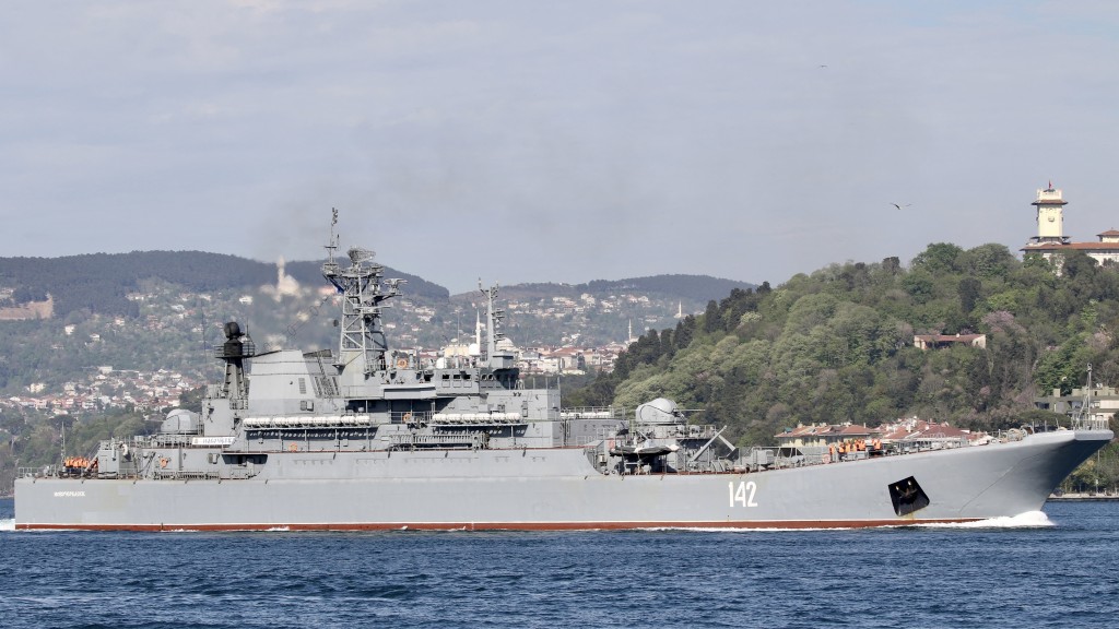  俄罗斯海军大型登陆舰“新切尔卡斯克号”在伊斯坦堡海峡航行。 路透社