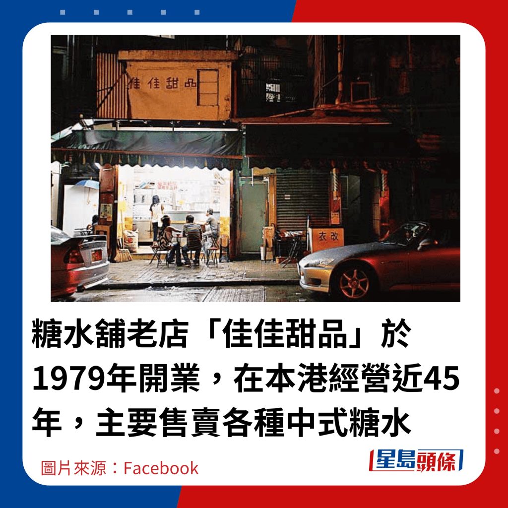 糖水铺老店「佳佳甜品」于1979年开业，在本港经营近45年，主要售卖各种中式糖水