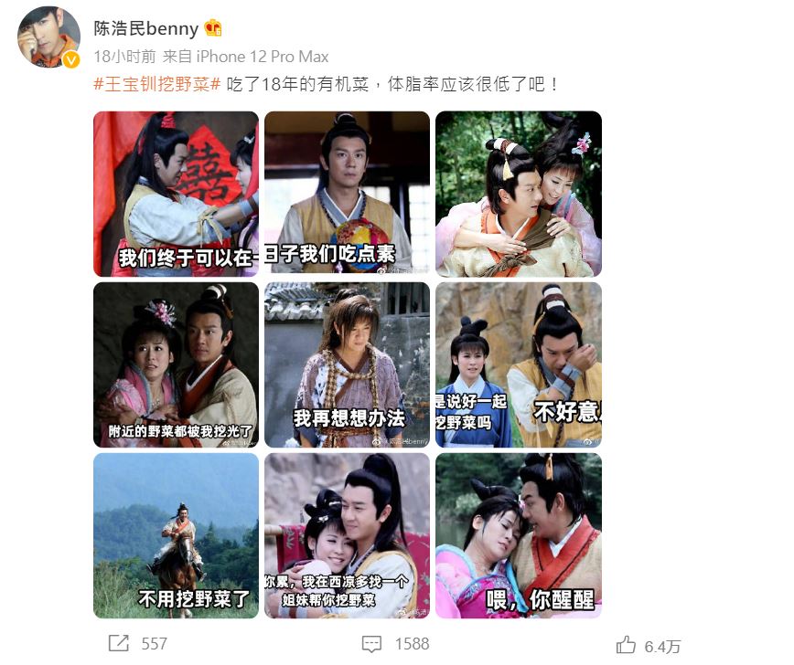 陳浩民今日（19日）更於微博上載多張以《薛平貴與王寶釧》劇照製成的表情包再抽水。