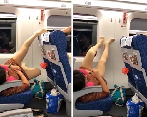 噁心!大媽霸座新姿勢,在列車上脫鞋躺一排座位, 腳擱前排座背。(網圖)