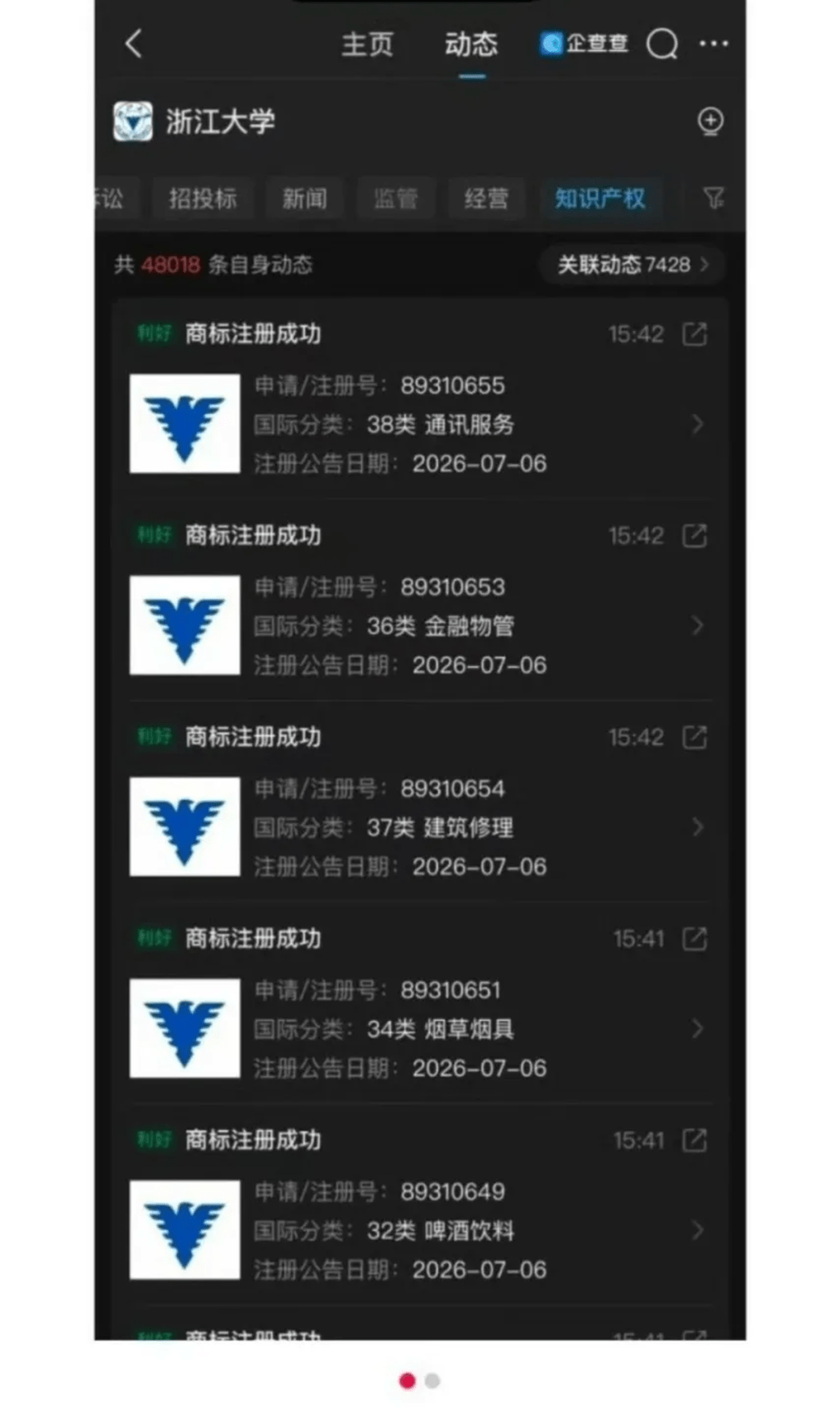 浙大公告「求是鷹」校徽全類別商標。 浙大公告「求是鷹」校徽全類別商標。