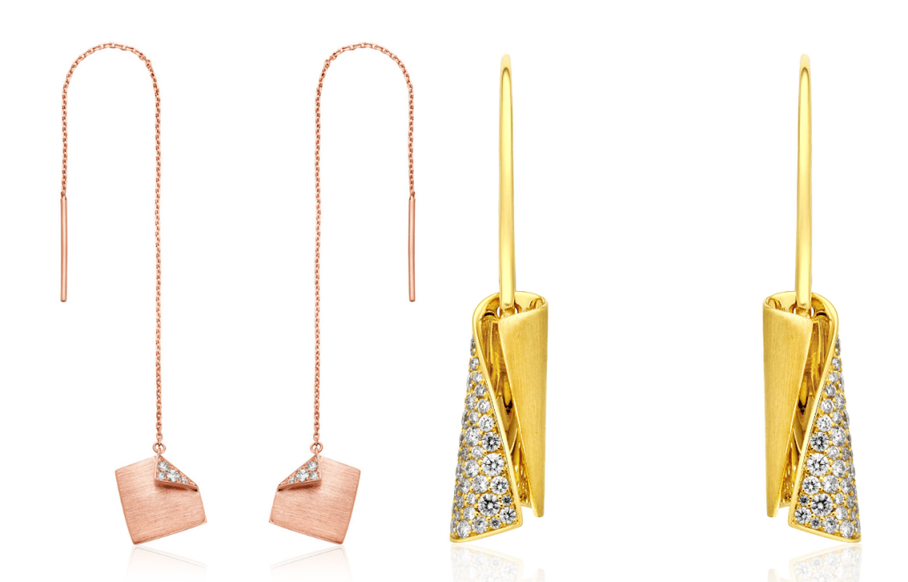左/周大福Victoria Dockside專門店限定發售的18K玫瑰色黃金美鑽耳環/$5,000起、右/18K黃色黃金美鑽耳環/$12,500起。