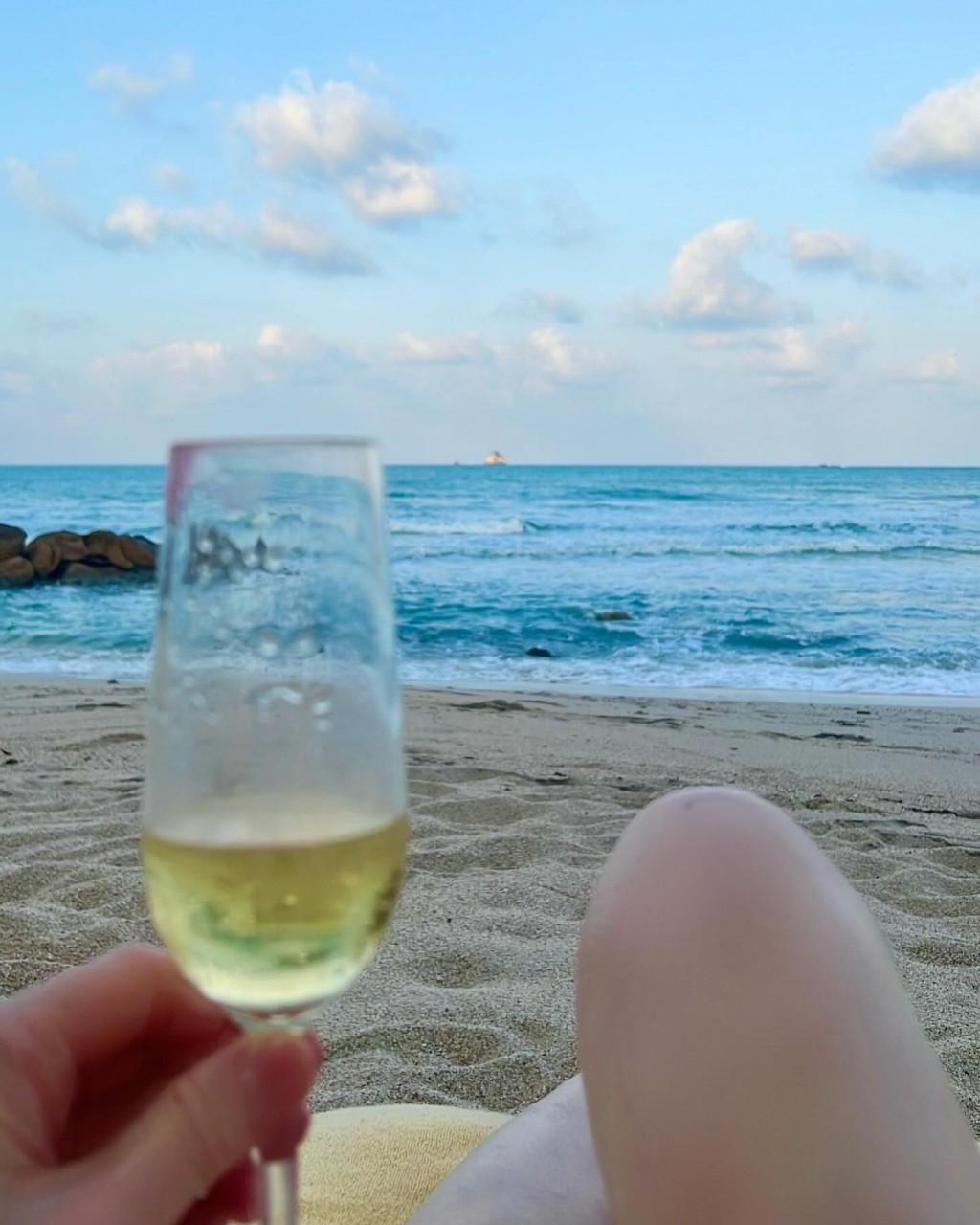 在沙灘上大嘆香檳，意態撩人！
