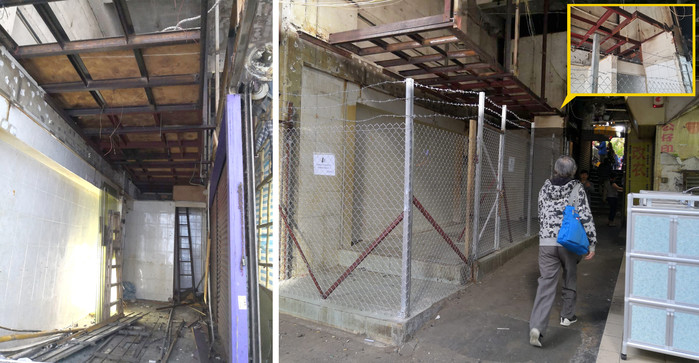 違例構築物被佔用人加建閣仔貯貨,多條僭建的工字鐵伸延到毗鄰若干構築物。網誌圖片